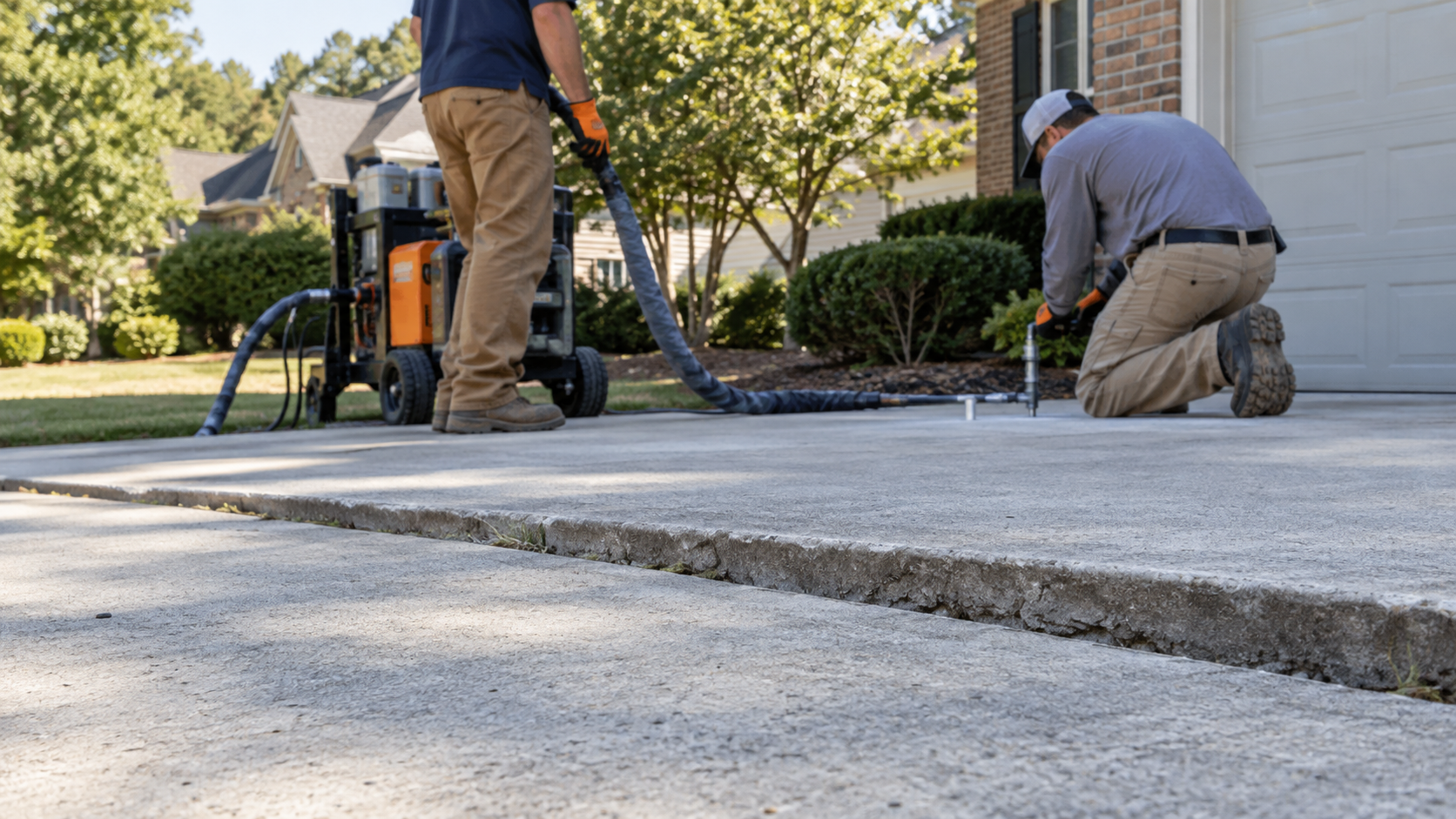 Illustration of concrete leveling professionals assessing a settled driveway slab