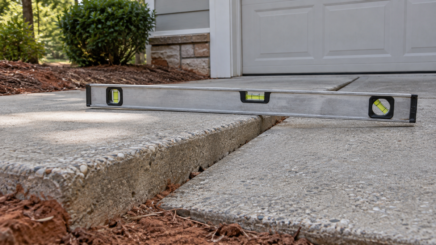 Illustrative close view of a level measuring the height difference between settled driveway slabs